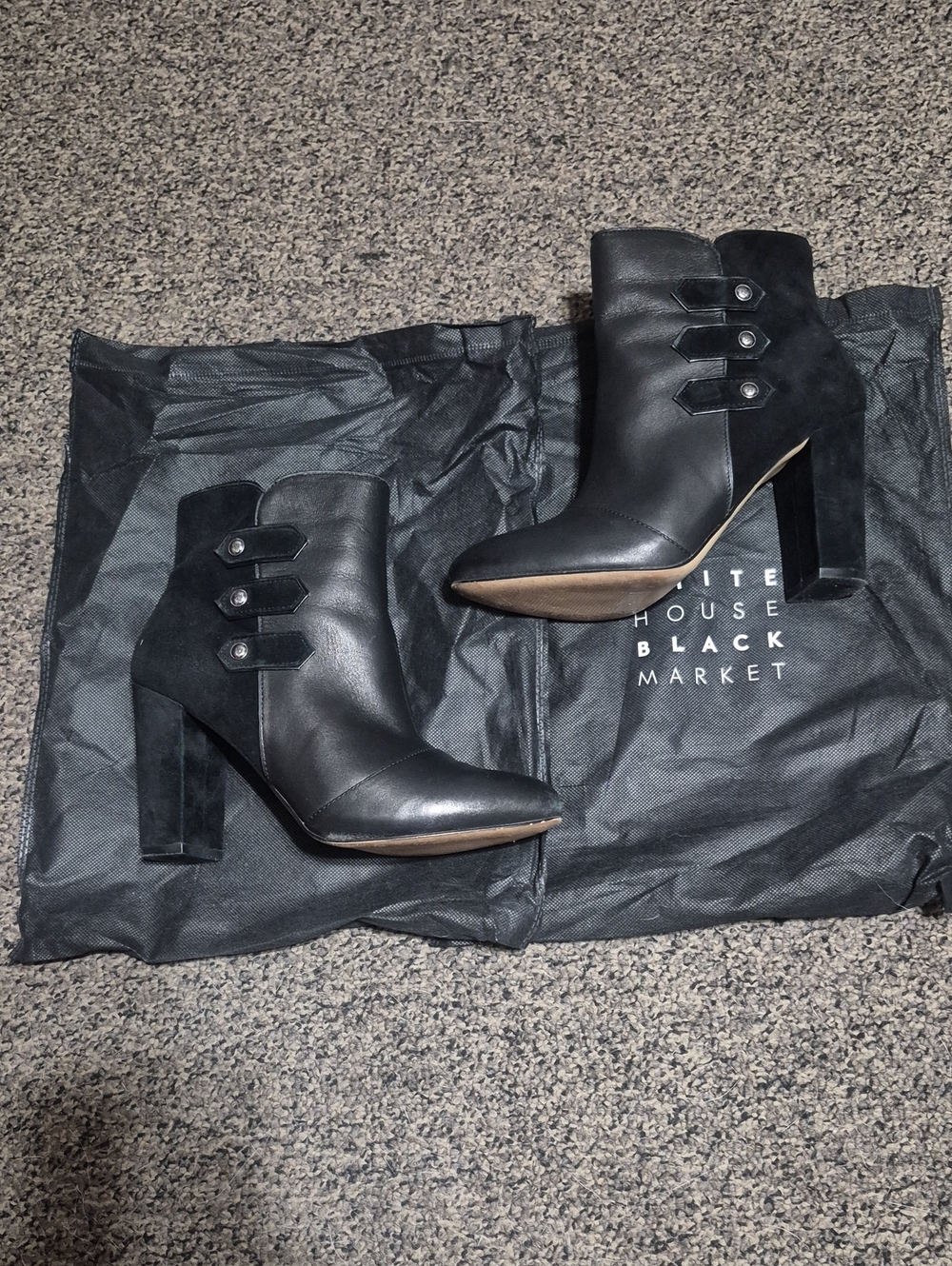 White House Black Market Black Leather & Suede Triple-Button Block Heel Booties